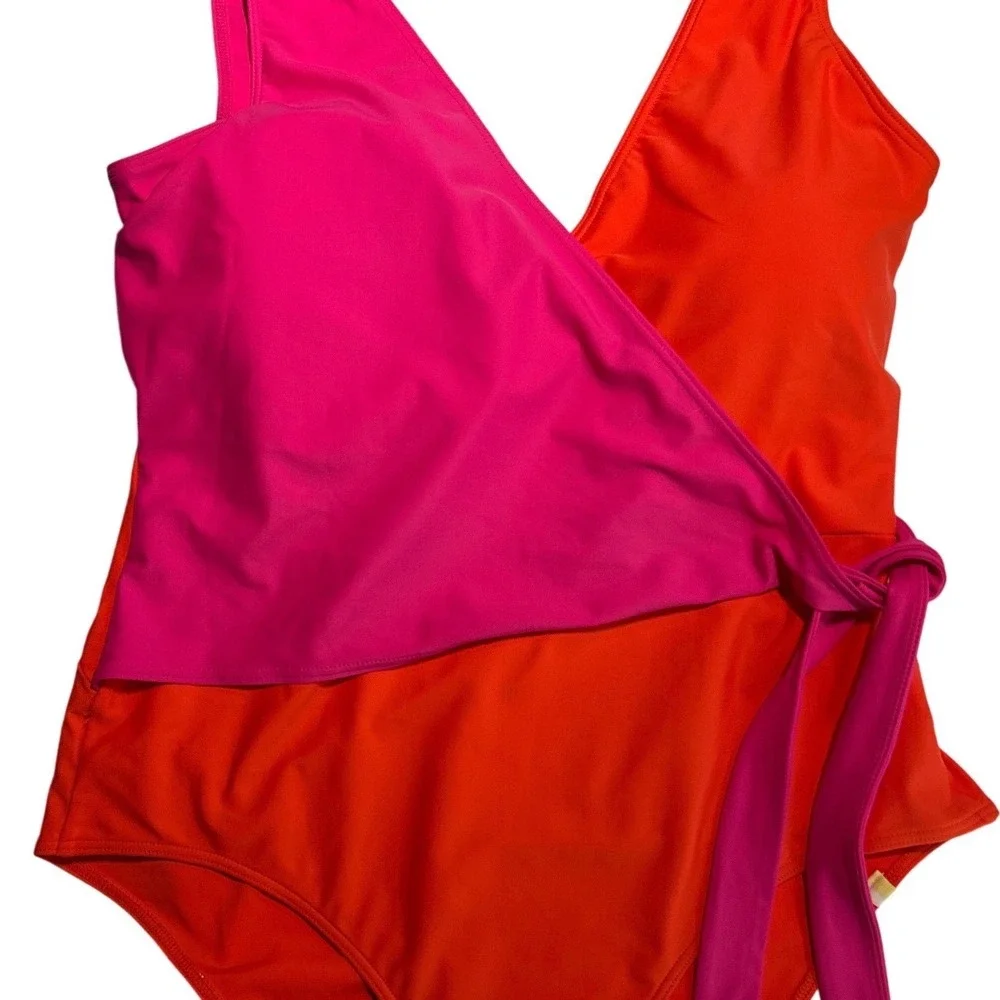 Summersalt The Perfect Wrap One-Piece Swimsuit Hibiscus Fuchsia Colorblock Sz 14